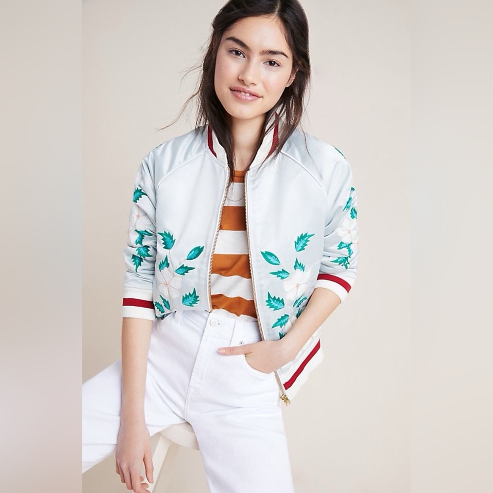 Antik Batik Embroidered Floral Seafoam Green Bomber Jacket XS / 36